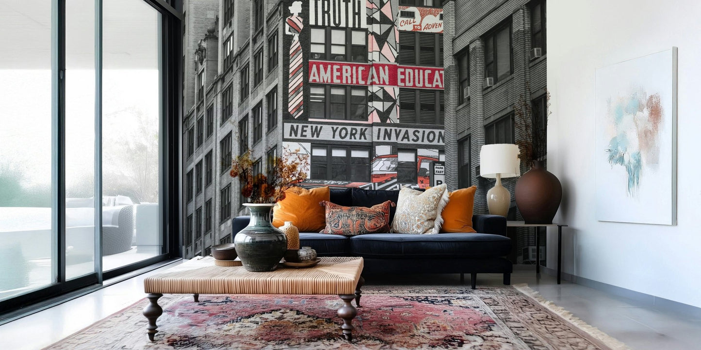 Retro City Murals wall mural depicting large building street art with car design.