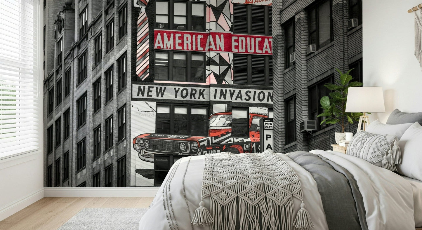 Building side covered in graphic phrases and images, excellent Retro City Murals.