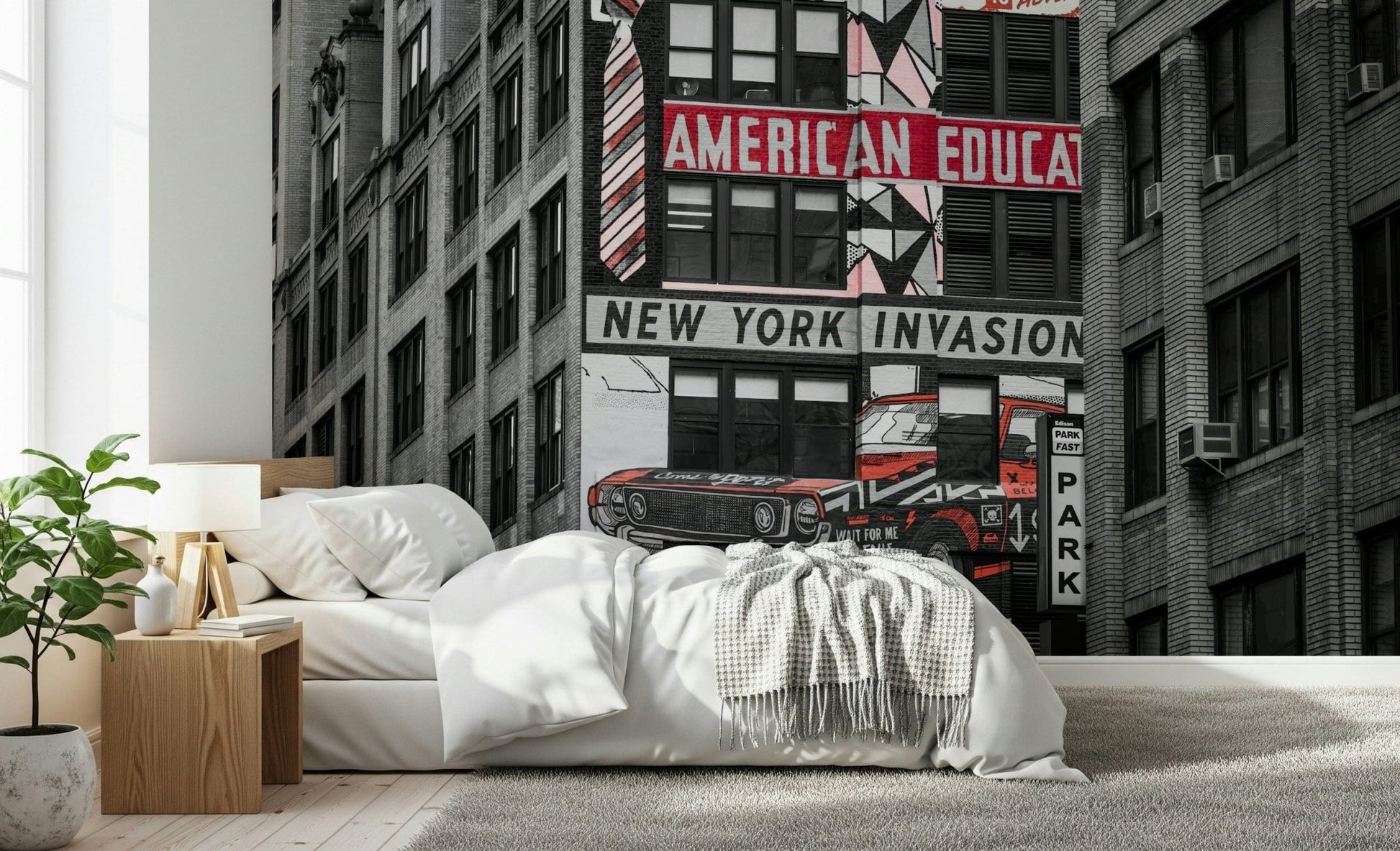 Pop art style building covering, classic muscle car image, amazing Retro City Murals.