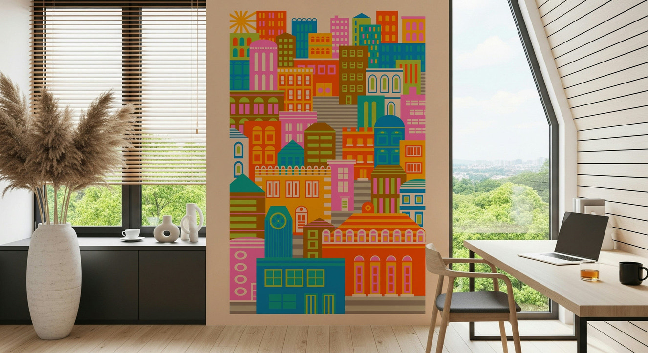 Vibrant geometric buildings of City Lights Bright Geometric Wallpaper.