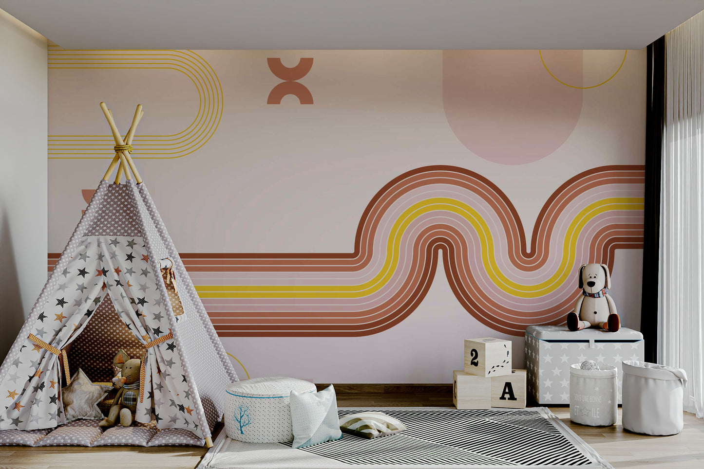 Wavy Retro Boho Lines Wall Mural Style

