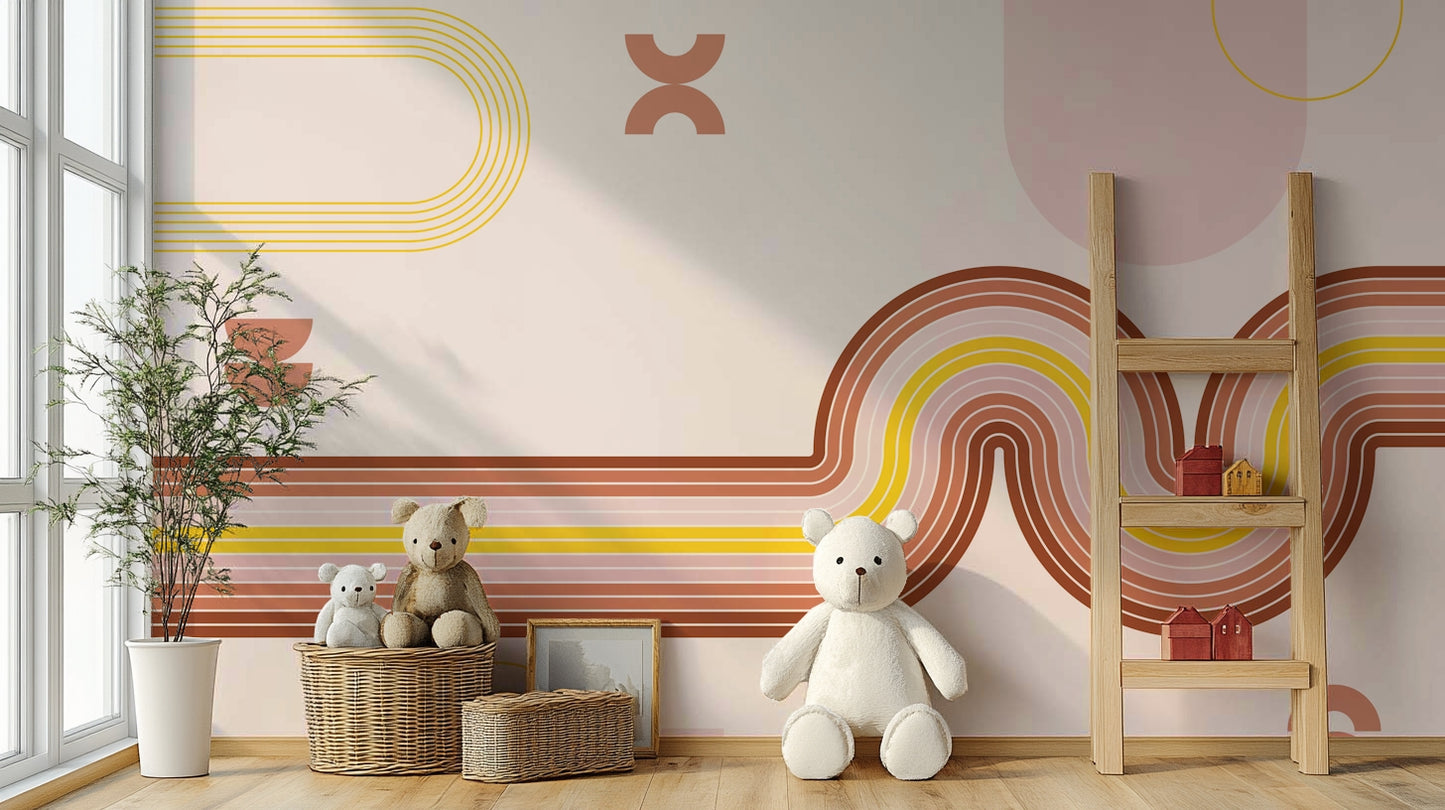 Boho Wall Mural with Retro Curved Lines

