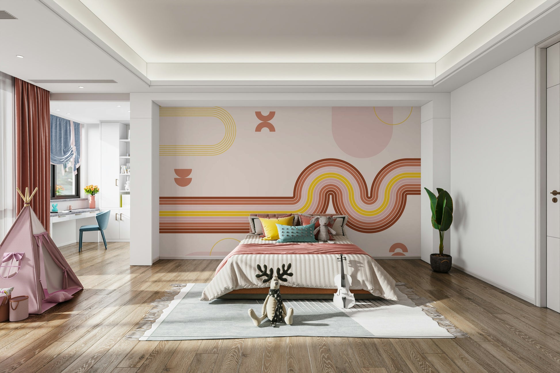 Retro Curvy Lines Boho Wall Mural Design

