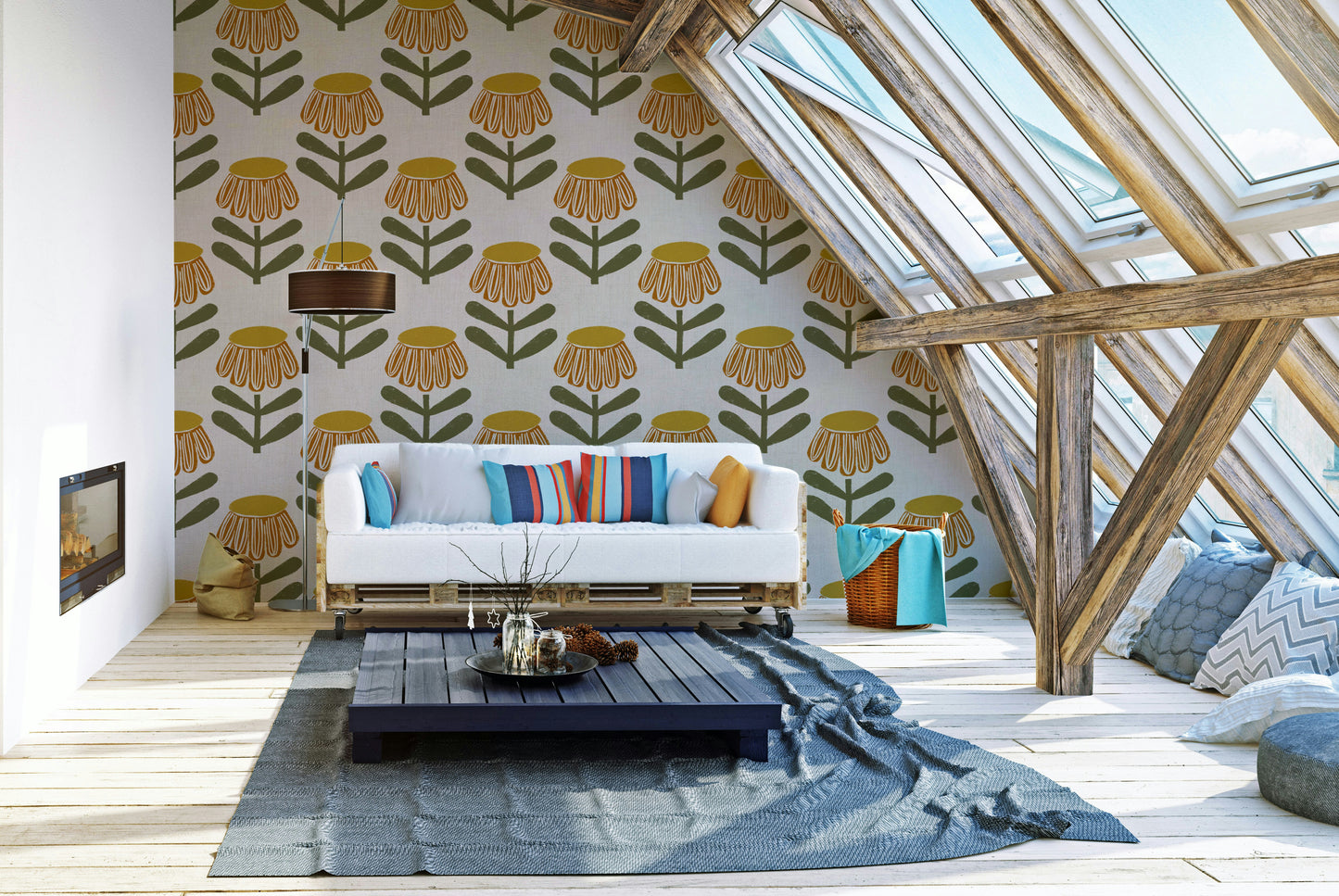 Retro mural with floral pattern

