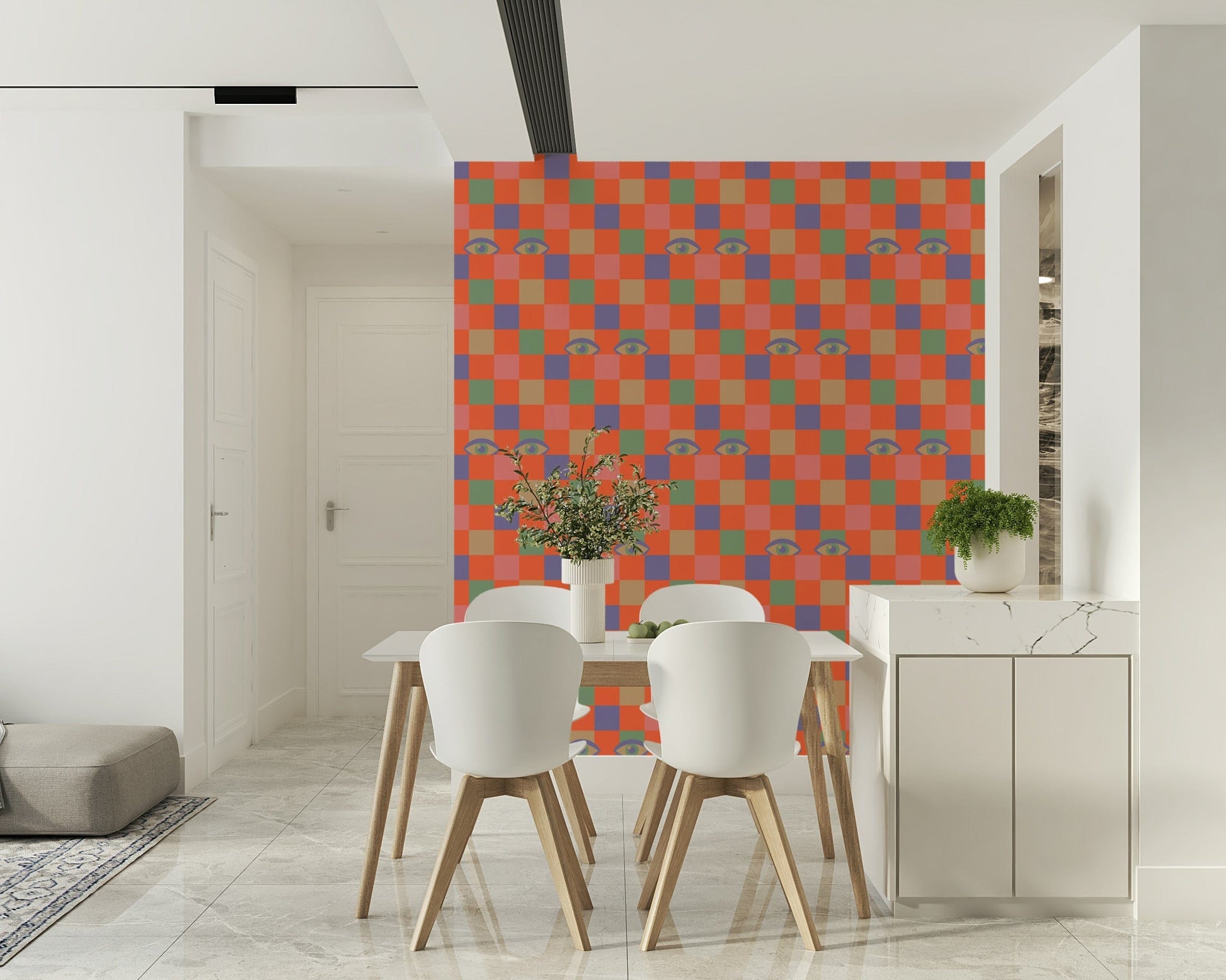 Bright geometric wallpaper with square color blocks and mysterious retro eyes layered throughout.