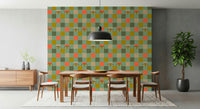 A pattern-rich retro wallpaper featuring colorful squares layered with illustrated eyes for a quirky vibe.