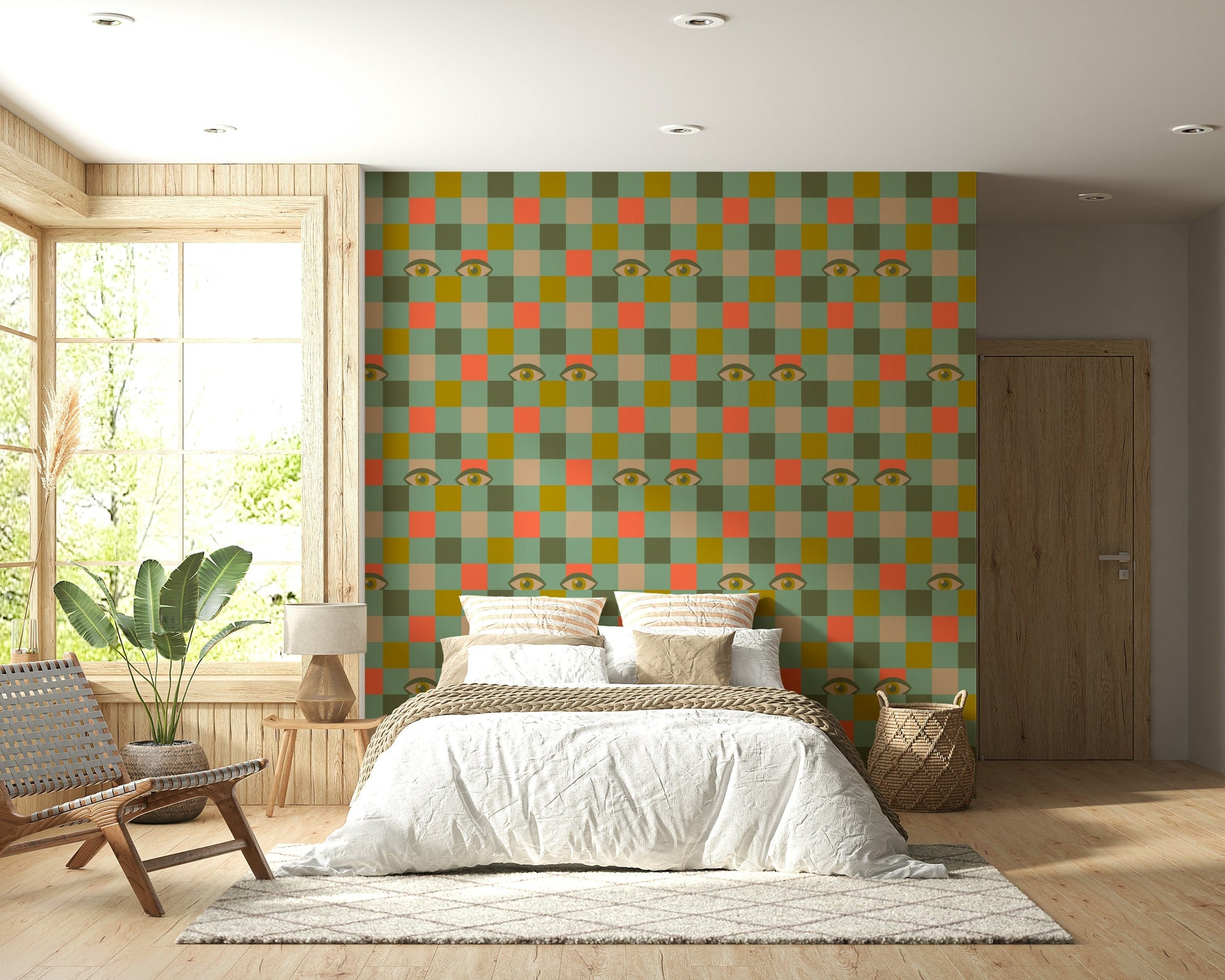 Multicolored checkerboard wallpaper combining mustard, coral, olive, mint, and cream squares with whimsical eye motifs.