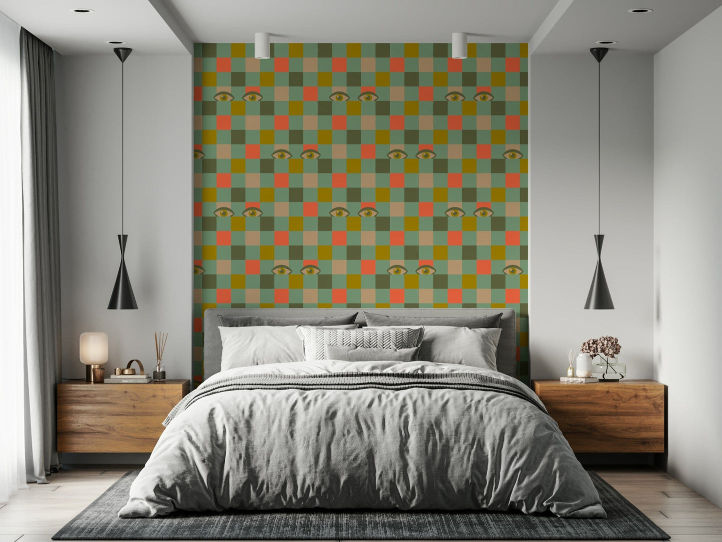 A retro checkerboard wallpaper featuring alternating mustard, cream, olive, coral, and mint green squares accented with playful illustrated eyes.