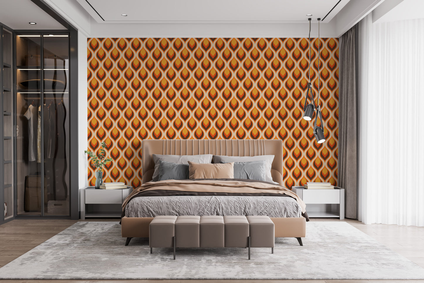 Vintage bathroom wallpaper featuring intricate flame patterns