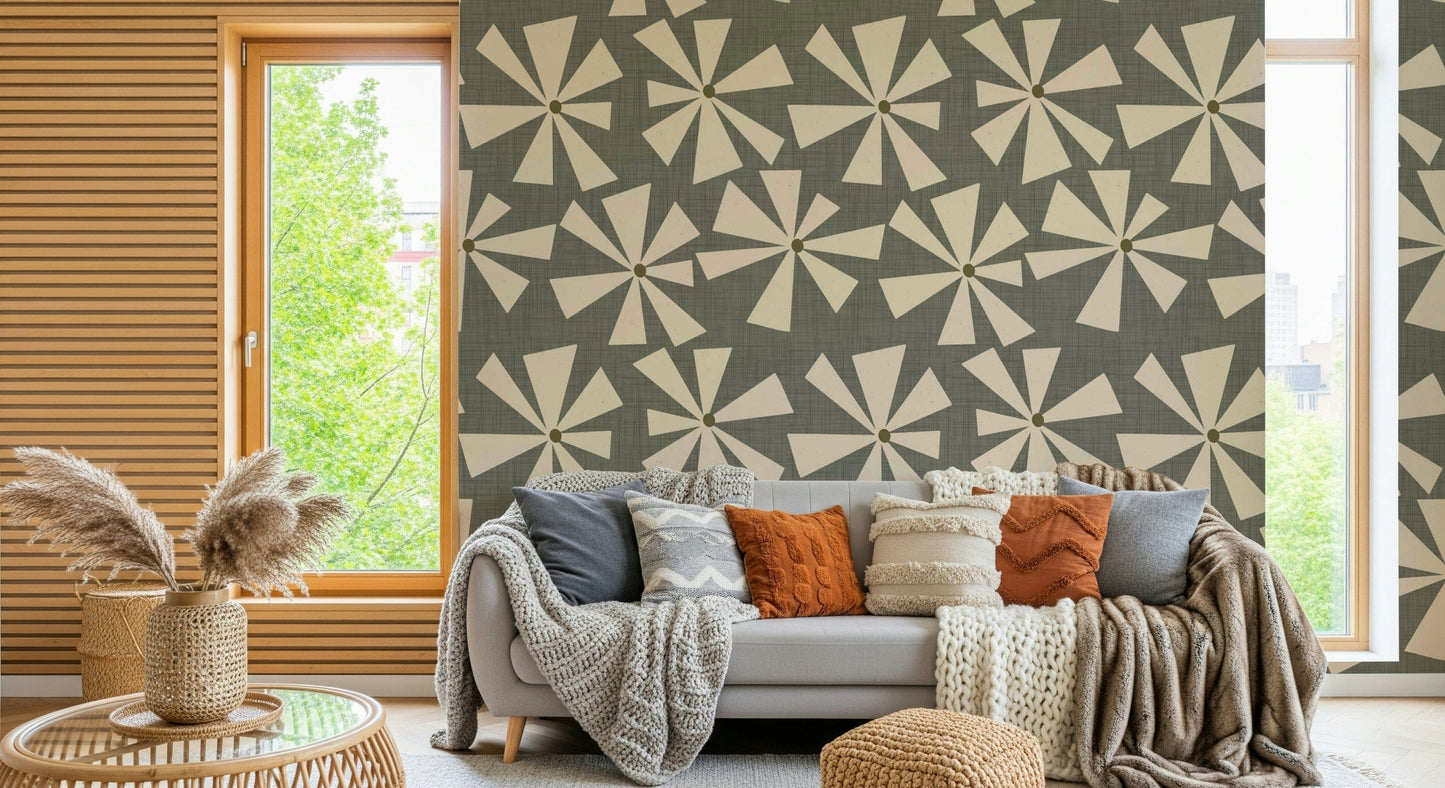 Retro modern wallpaper showcasing radiating petal shapes arranged in a lively pattern.