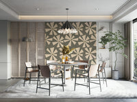 Decorative wallpaper with mid-century pinwheel blooms in a playful repeating layout.
