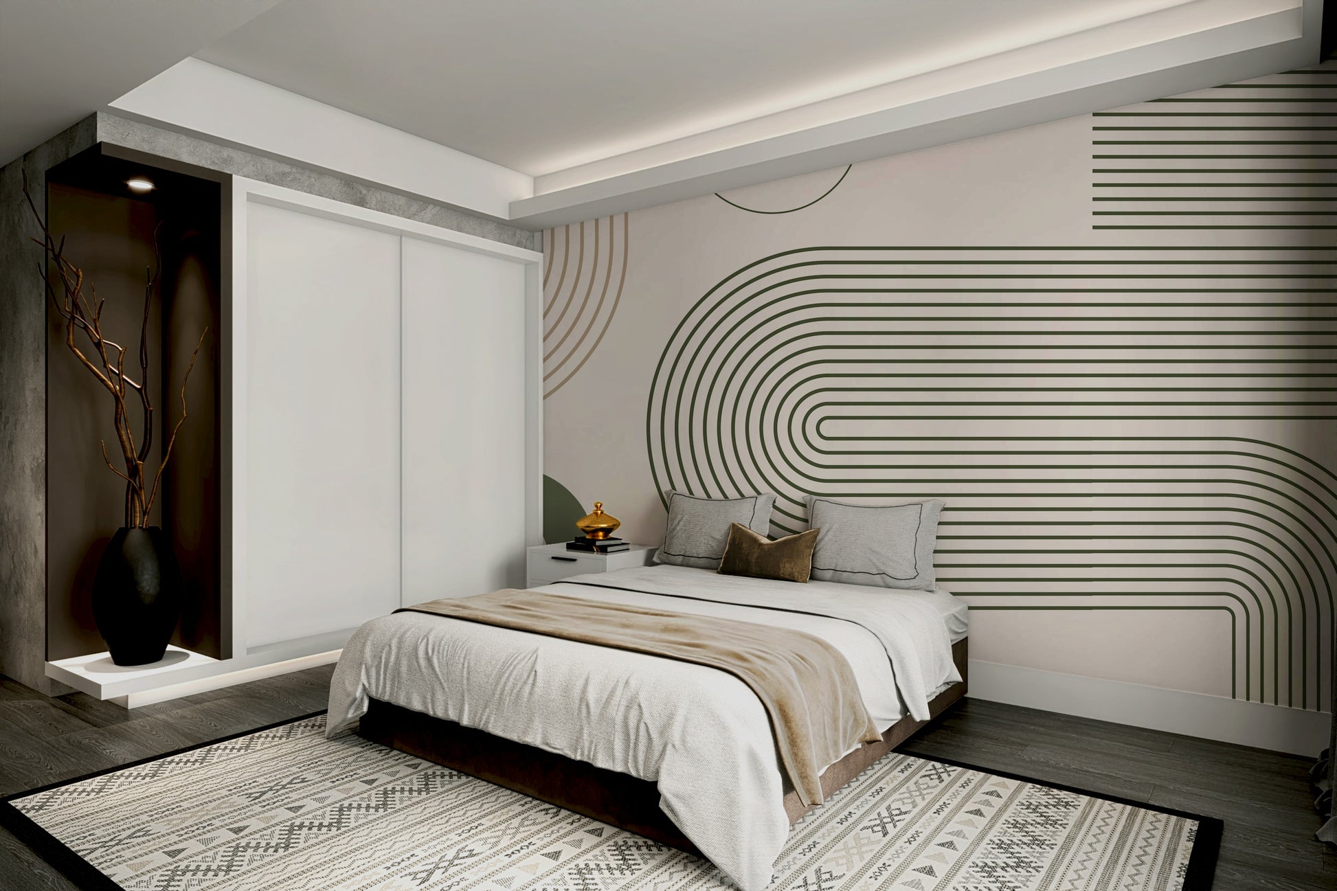 Abstract retro flow wall design in muted colors

