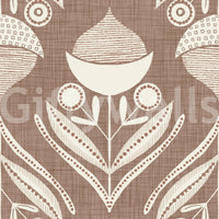 Repeating folk art design with curved leaves, circular buds, and textured pods in beige