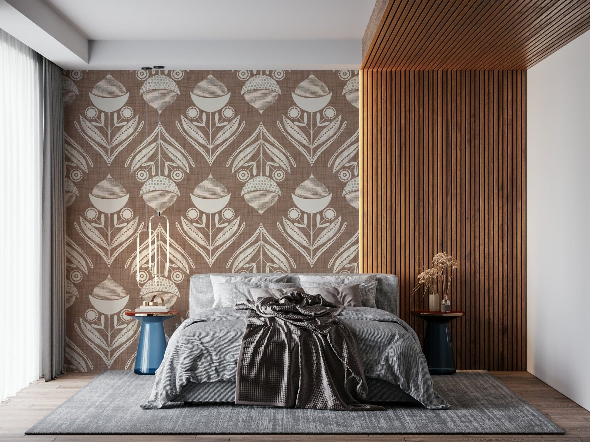 Folk-inspired floral motif with rounded buds, seed pods, and arched leaves in soft neutral tones