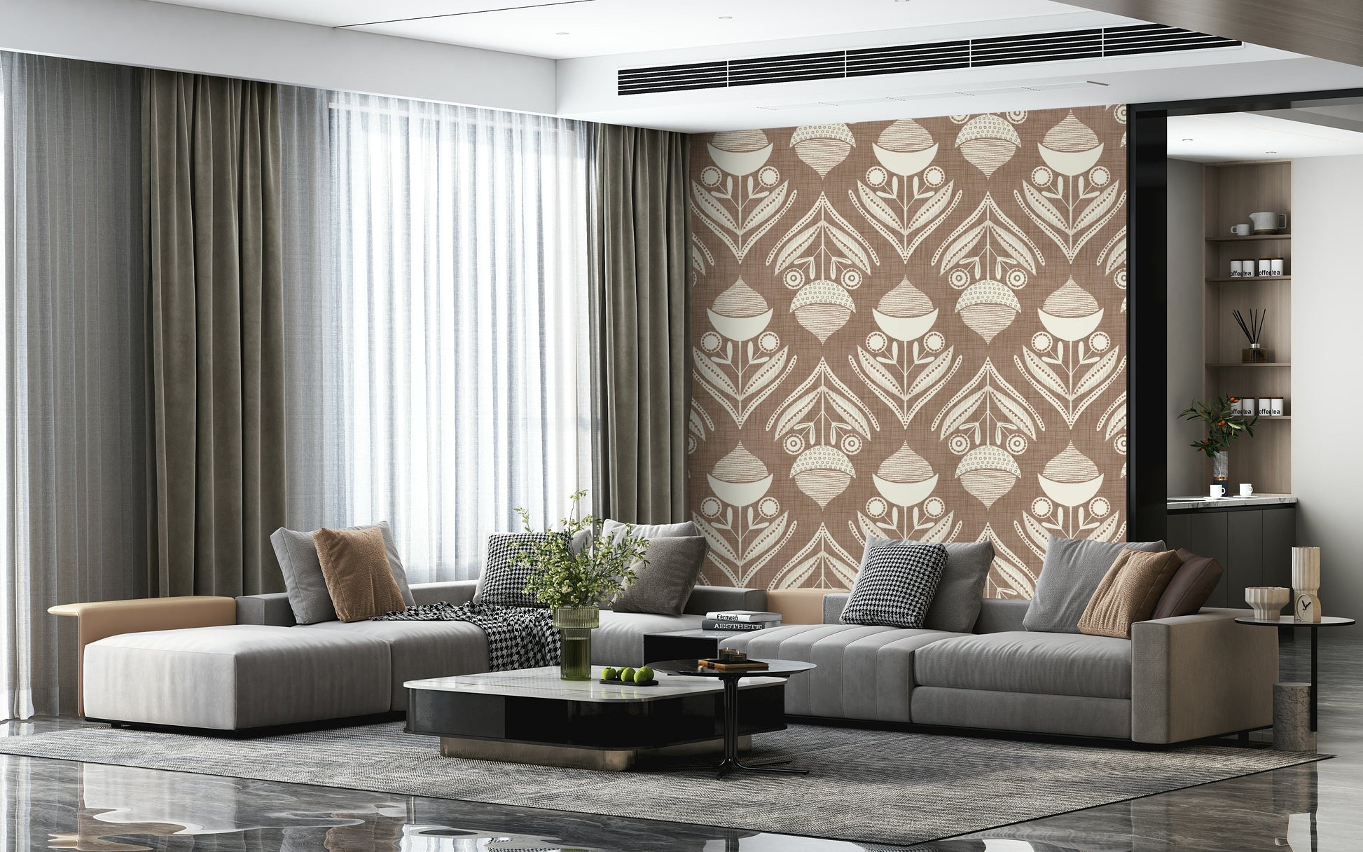 Retro botanical design featuring symmetrical cream flowers against a woven brown texture