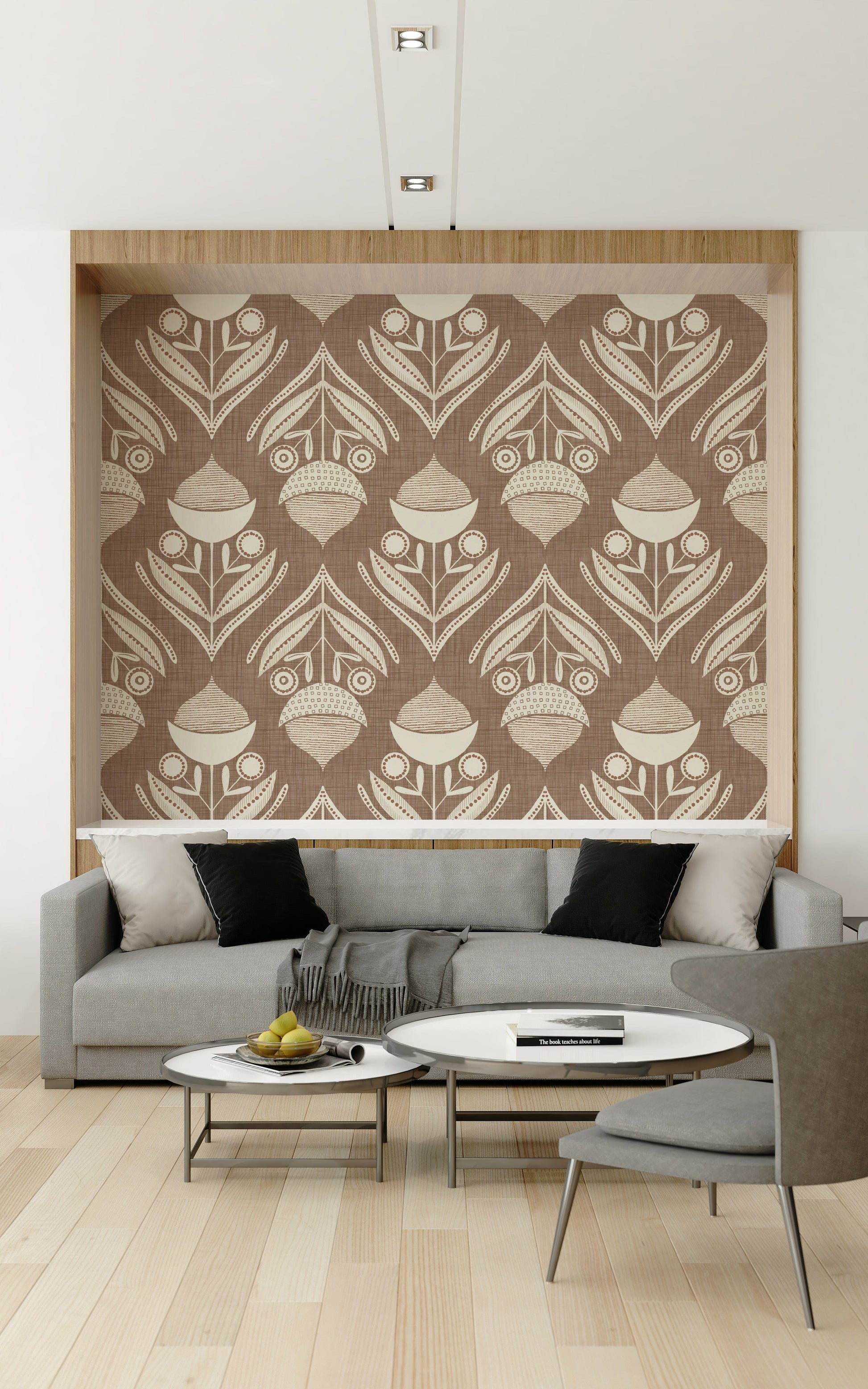 Retro folk floral wallpaper featuring cream botanical motifs on a warm brown textured background