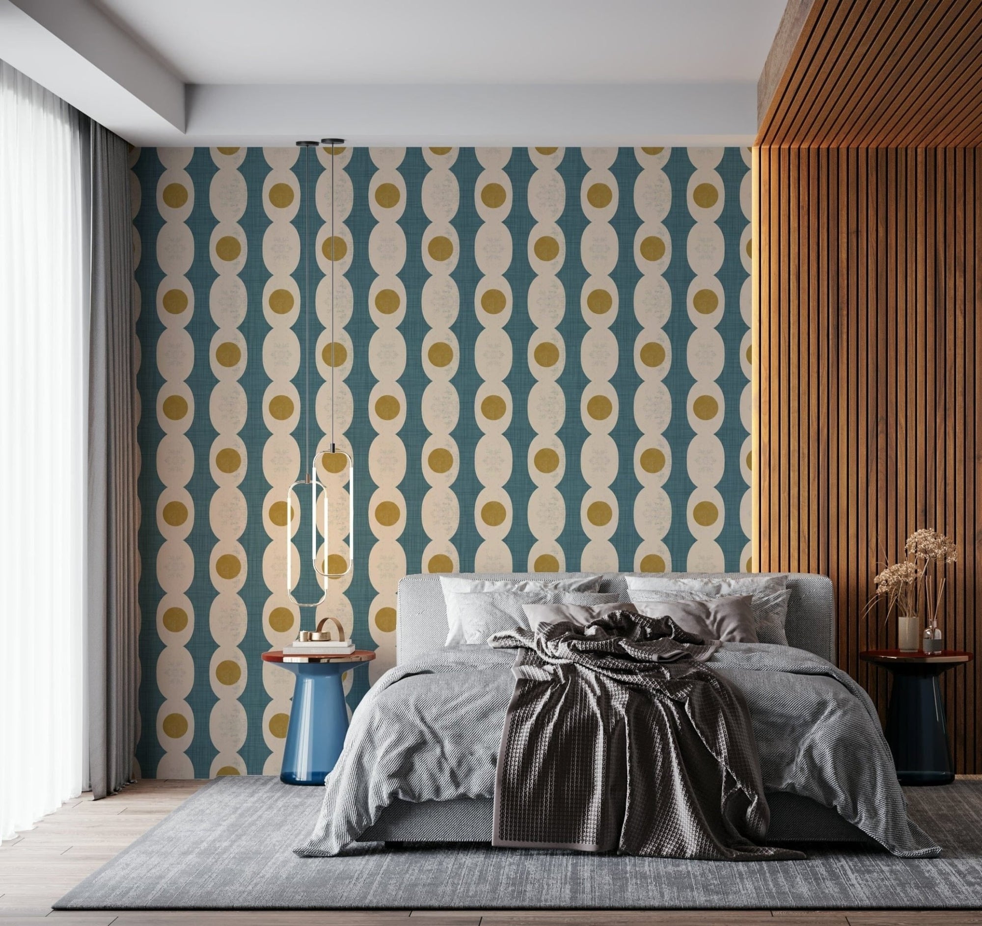 Fusion-style retro mural combining classic curves and contemporary lines.