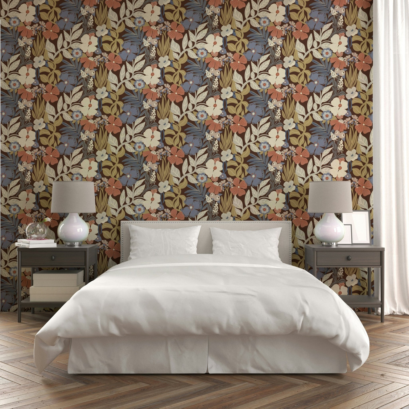 Close-up of retro floral wallpaper in earthy tones

