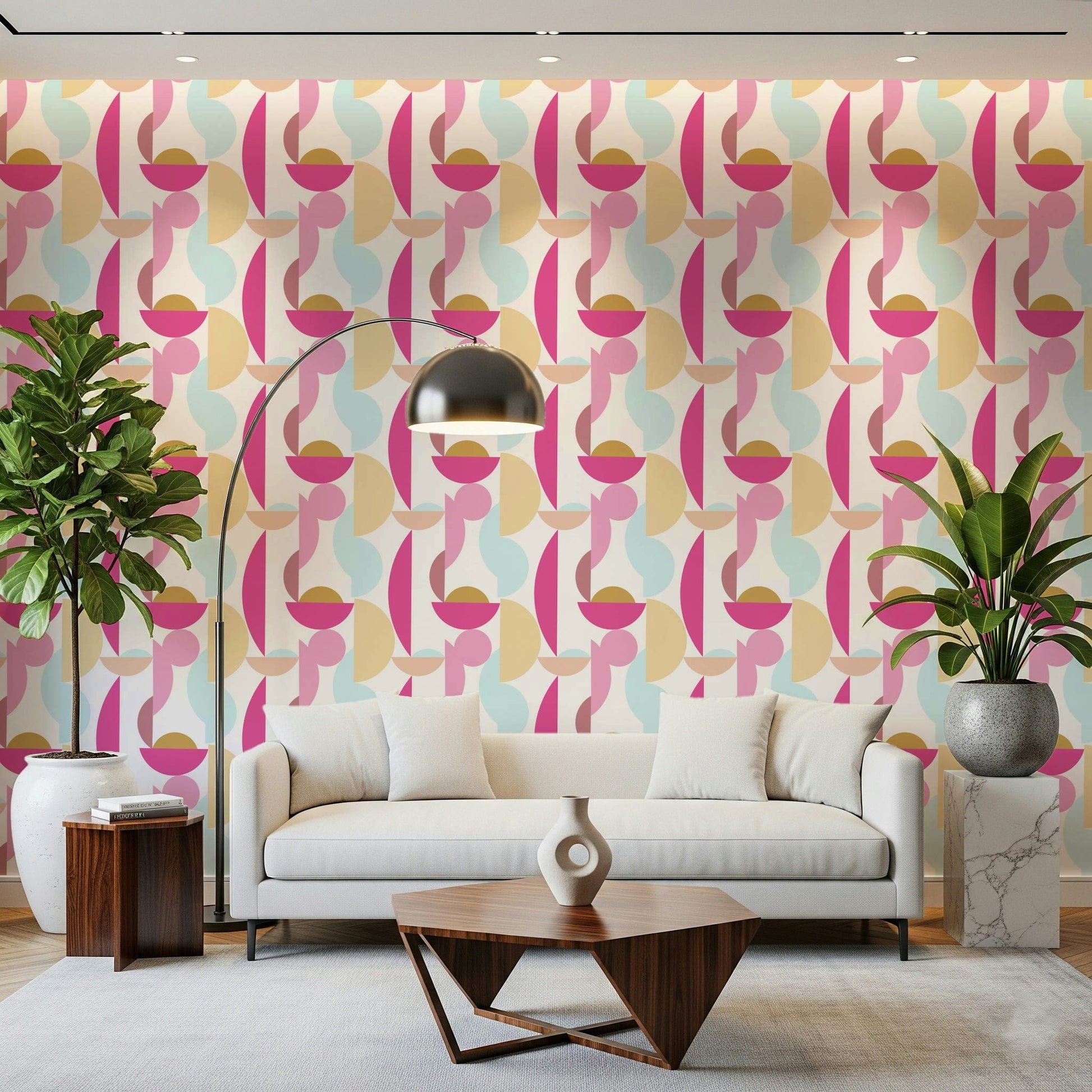 Retro blush geometric wallpaper with pink shapes