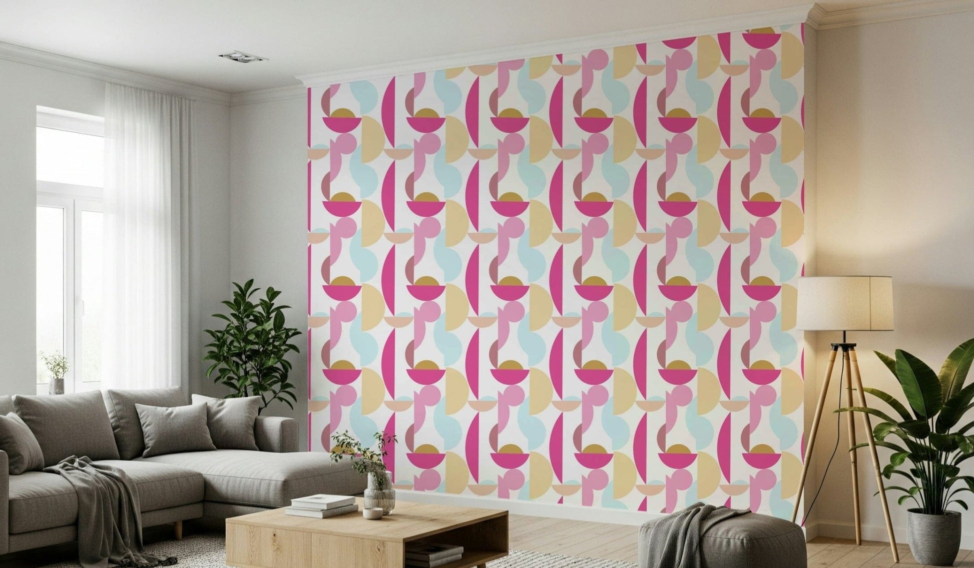 Contemporary geometric wallpaper in pink and blue