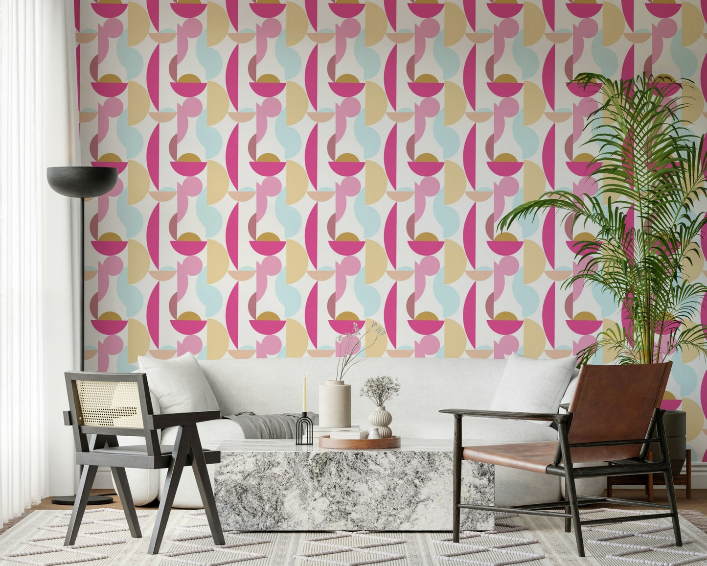 Mid century modern wallpaper in blush and beige