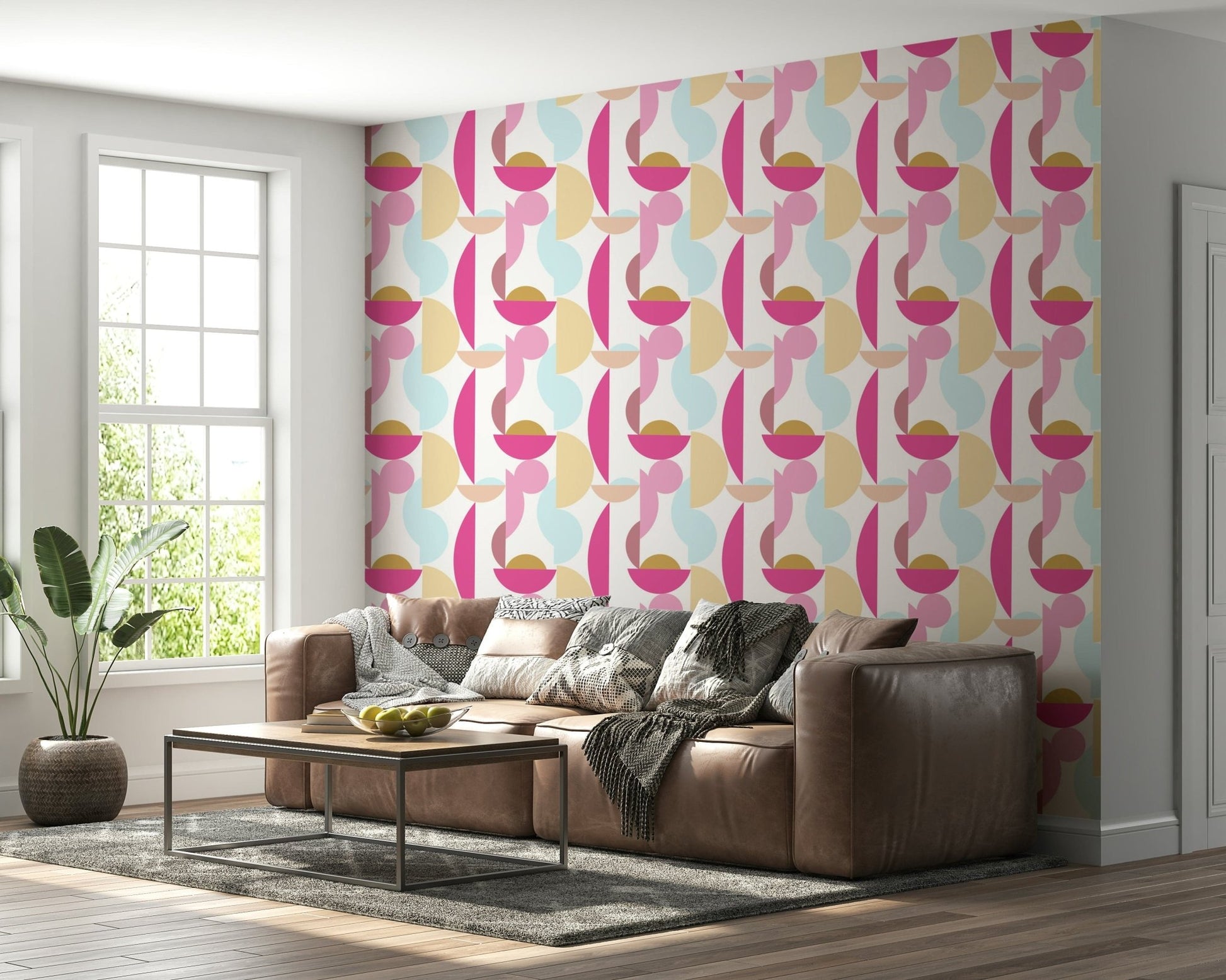 Playful retro shapes wallpaper for living room