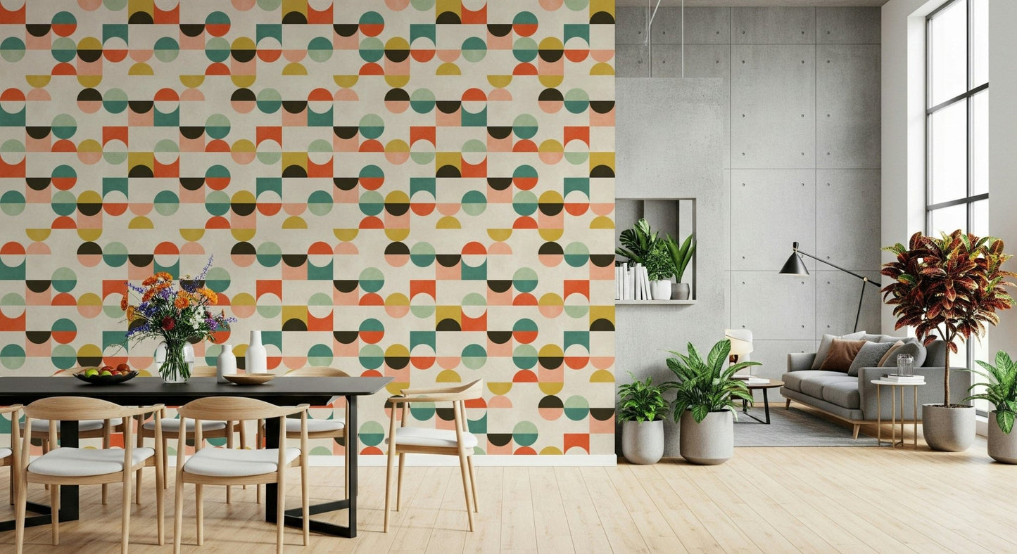 Playful retro wallpaper in peach and teal