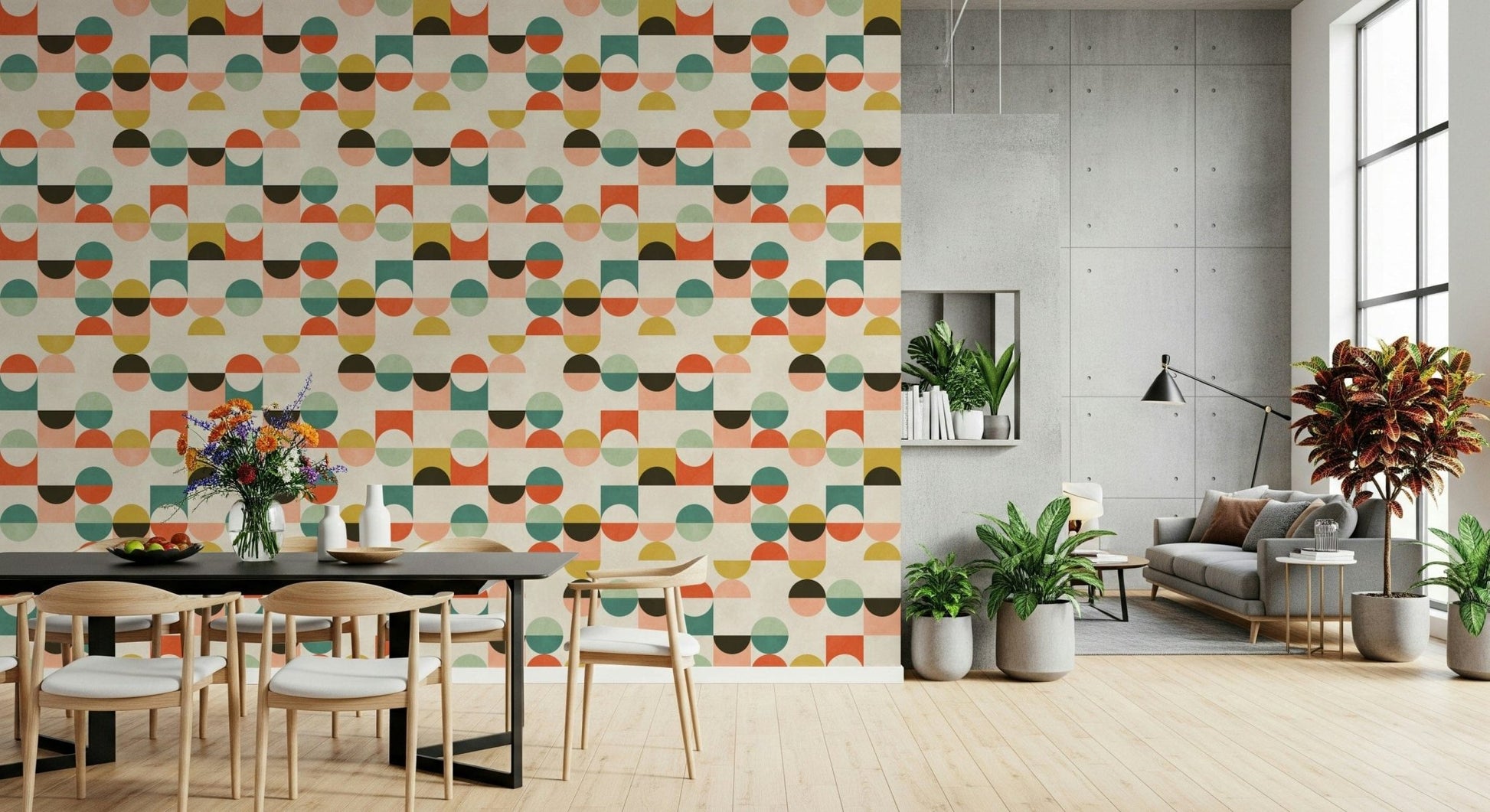 Playful retro wallpaper in peach and teal