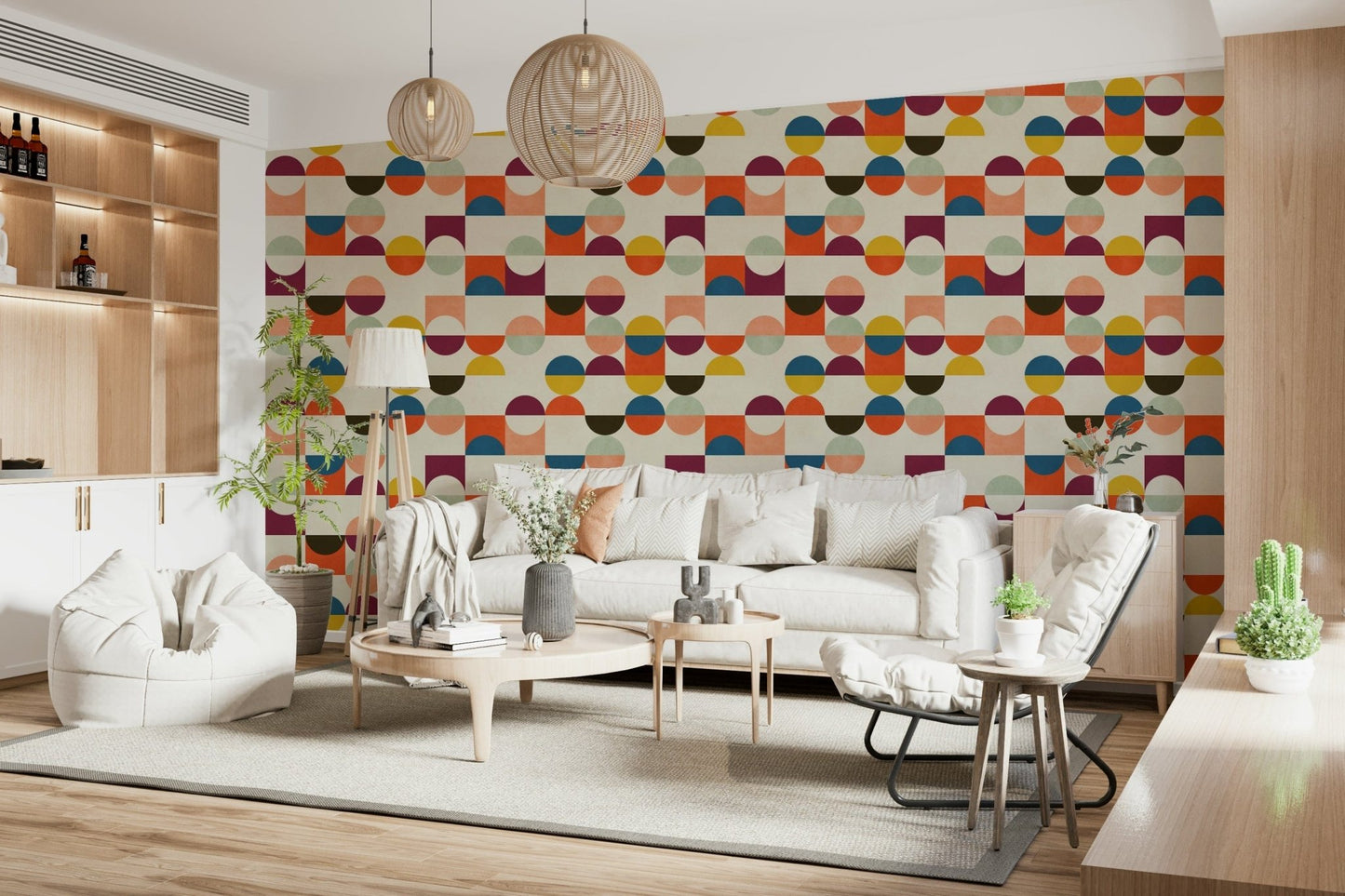 Retro geometric circle pattern wallpaper for living room