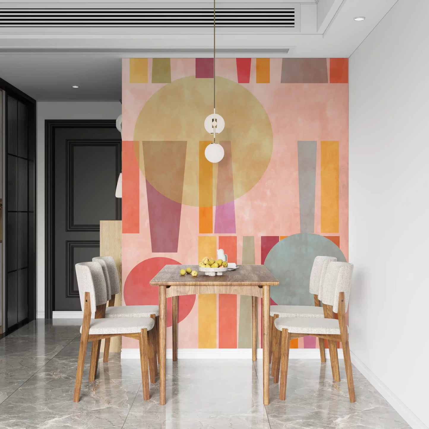 Retro geometric wall mural in Dining room with warm tones