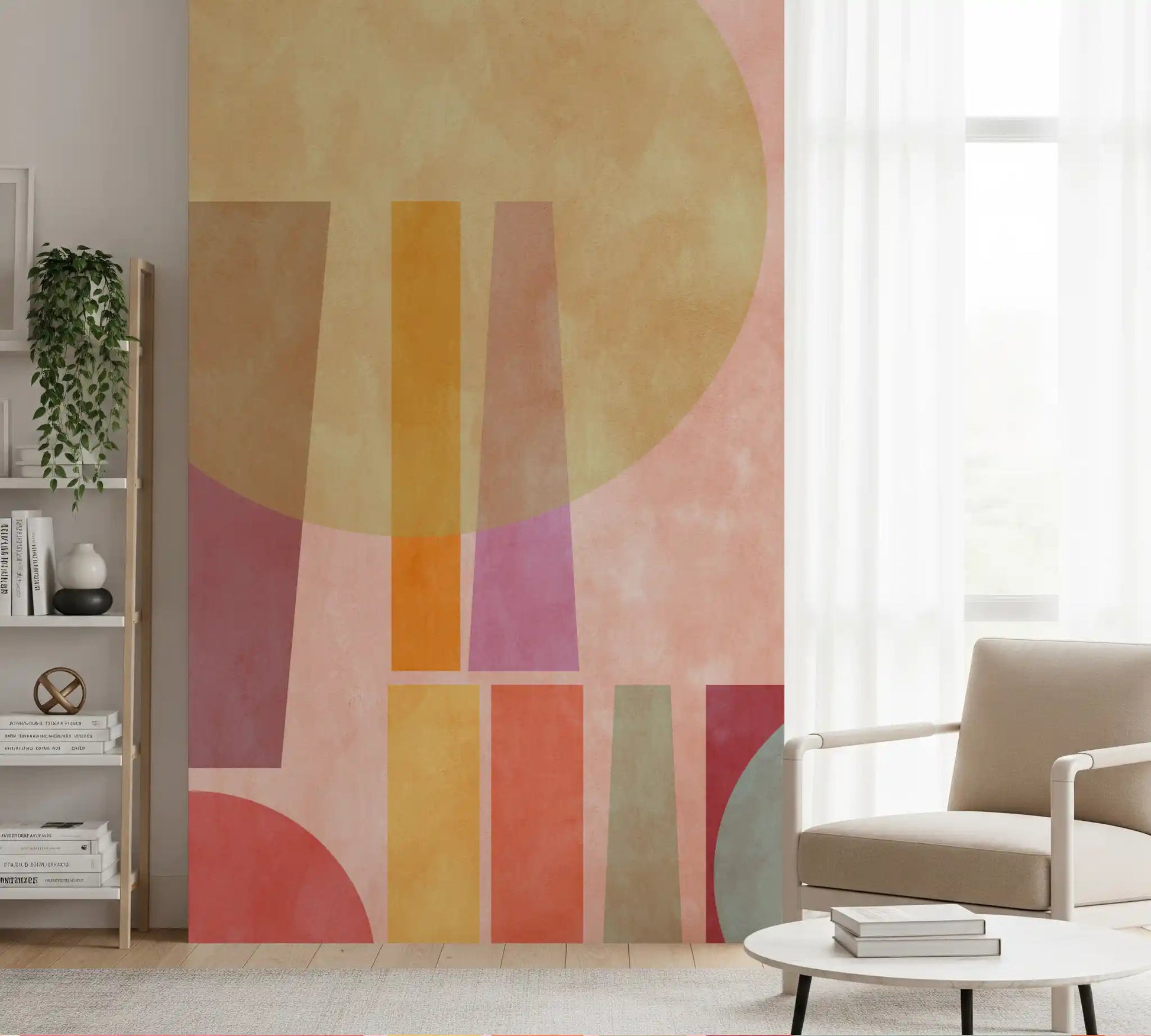 Retro wall mural in hallway with textured pastel design
