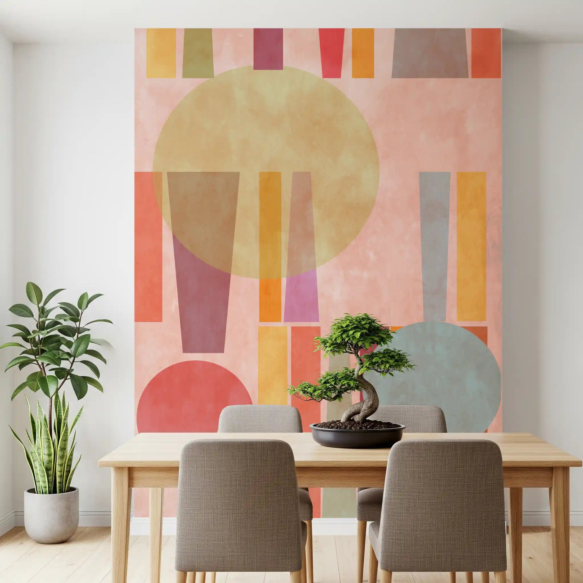 Abstract wall mural behind Dining room creating soft visual background