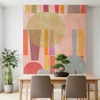 Abstract wall mural behind Dining room creating soft visual background