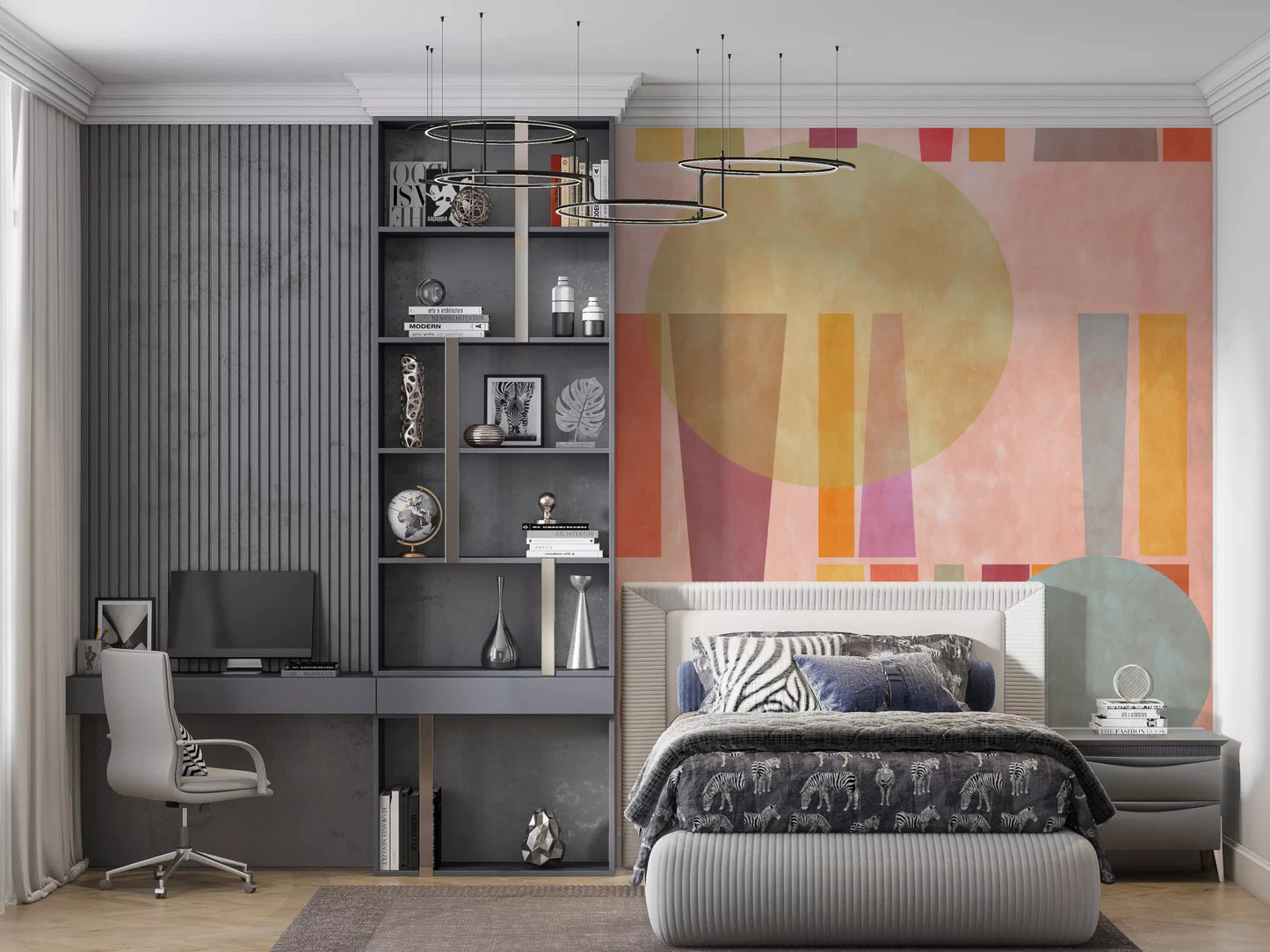 Retro geometric wall mural in bedroom with soft textured shapes