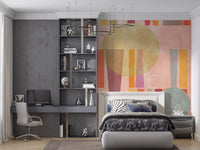 Retro geometric wall mural in bedroom with soft textured shapes