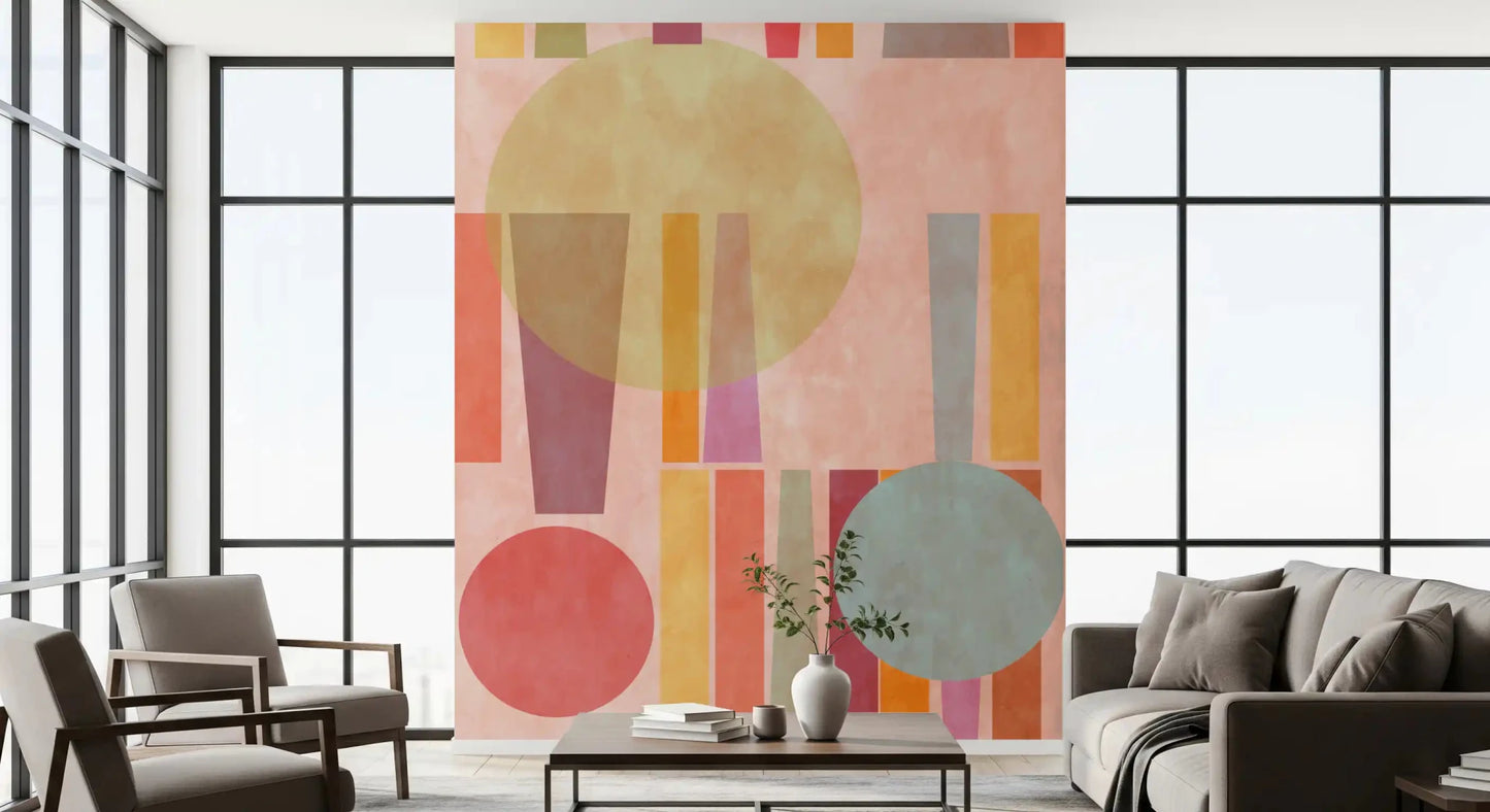 Abstract retro geo wall mural in living space with clean color blocks