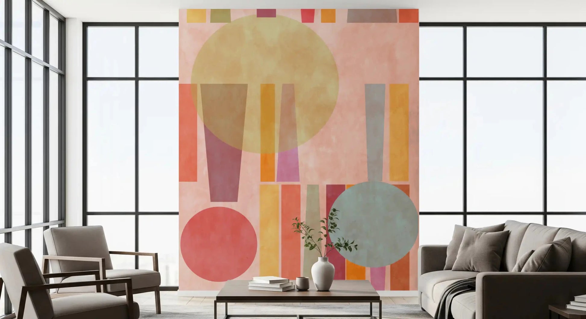 Abstract retro geo wall mural in living space with clean color blocks