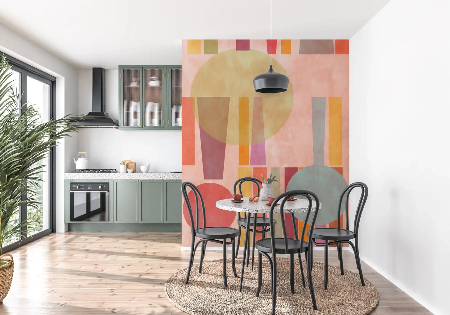 Geometric wall mural in dining area with calm color palette