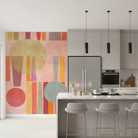 Geometric wall mural in lounge area with Dining design