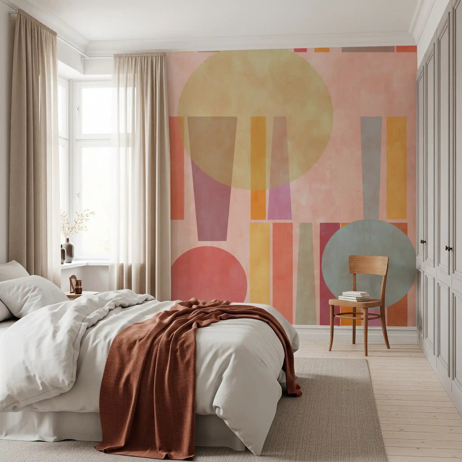 Retro shapes wall mural with pastel circle and vertical color blocks