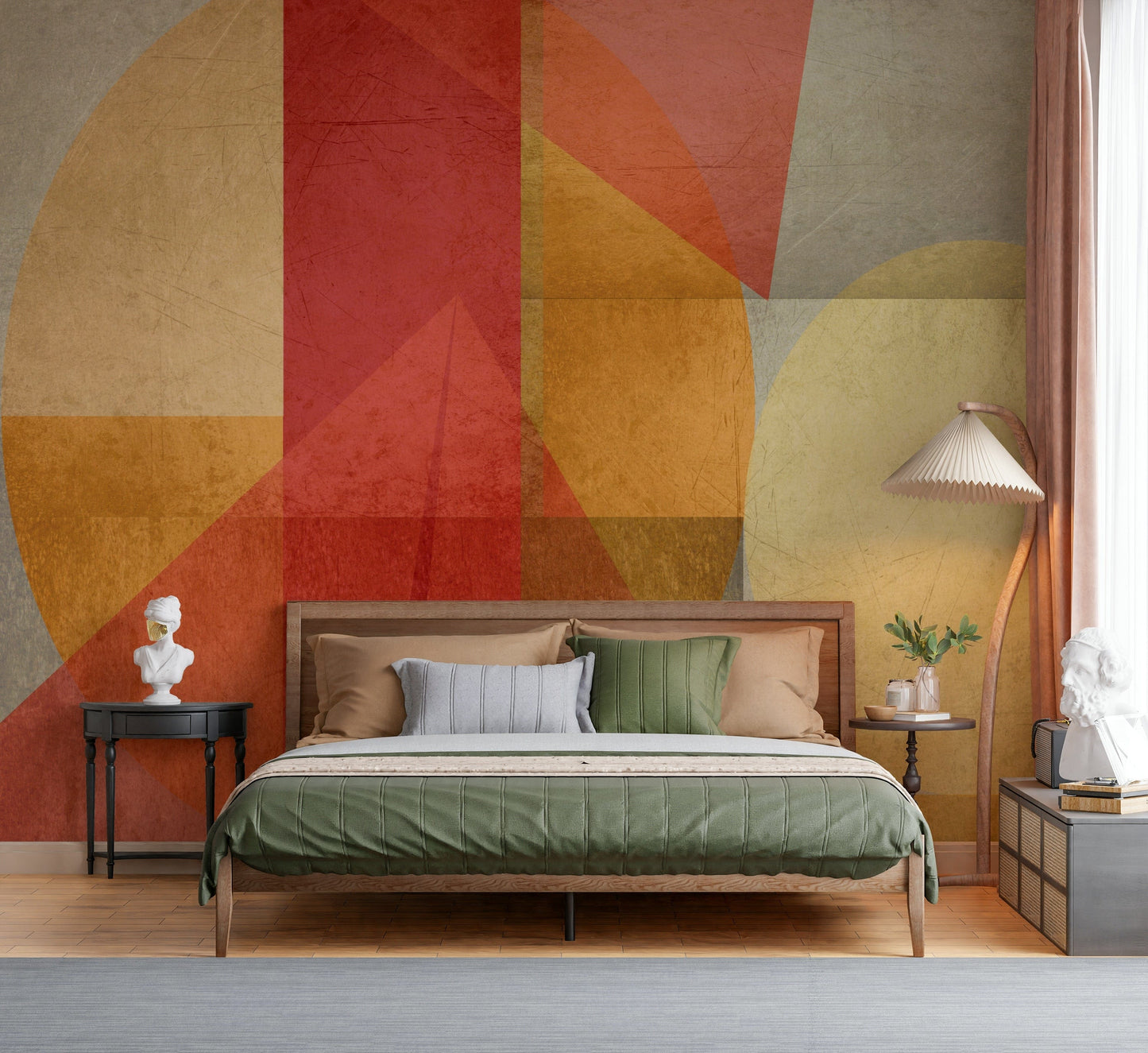 A textured geometric wallpaper with bold intersecting shapes in a warm contemporary palette.