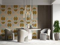 Abstract retro wallpaper with symmetrical semicircle patterns in pastel blue and earthy yellow.