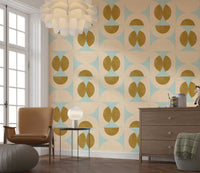 Chic geometric wallpaper combining aqua curves and mustard oval motifs for a vintage look.