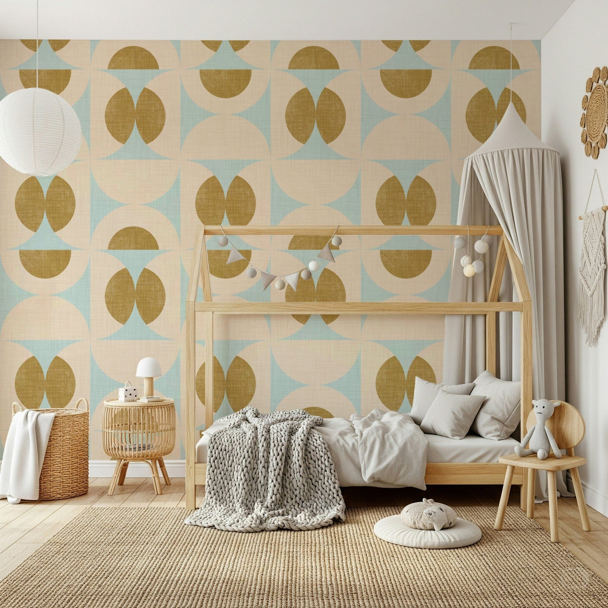 Retro geometric pattern featuring intersecting arcs in soft cool and warm tones.