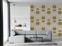 Vintage-inspired geometric wallpaper with overlapping semicircles in light blue and ochre.