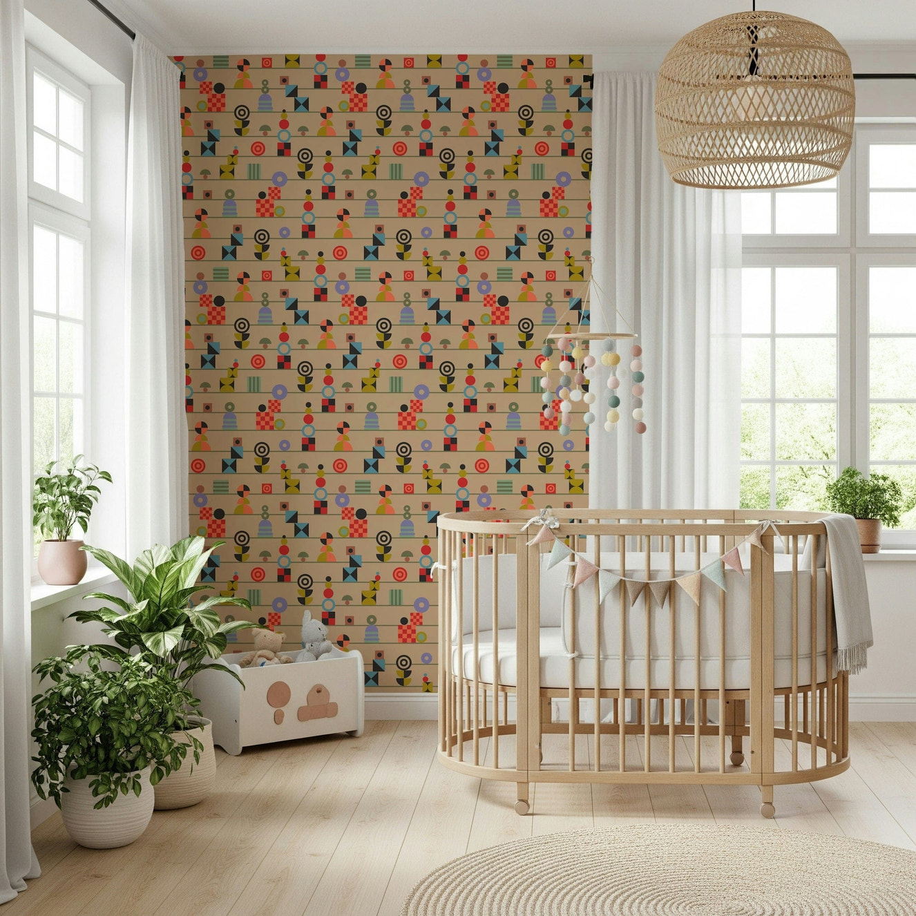 A playful retro wallpaper featuring stacked geometric shapes and colorful stripes on a cream background.
