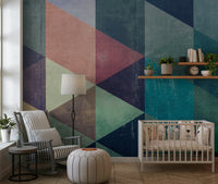 Decorative wall mural combining retro geometric triangles with bold color contrasts for contemporary spaces.