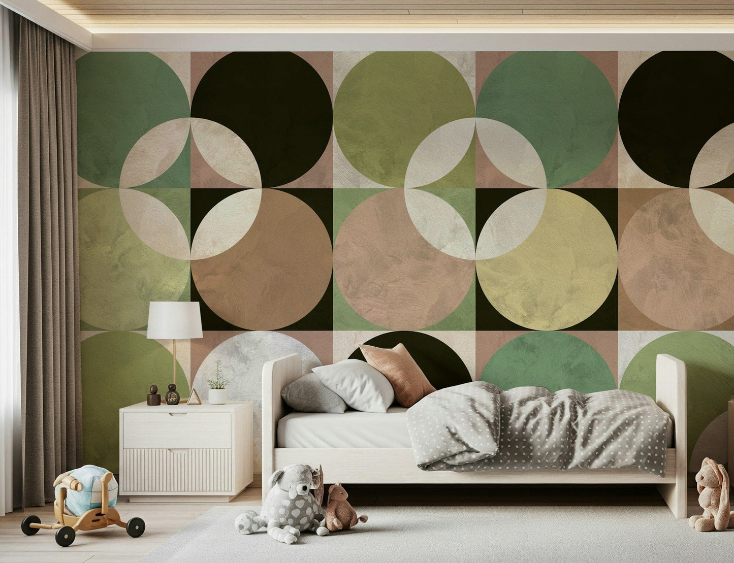 Modern retro mural showcasing a harmony of circles in soft orange, beige, and brown tones.