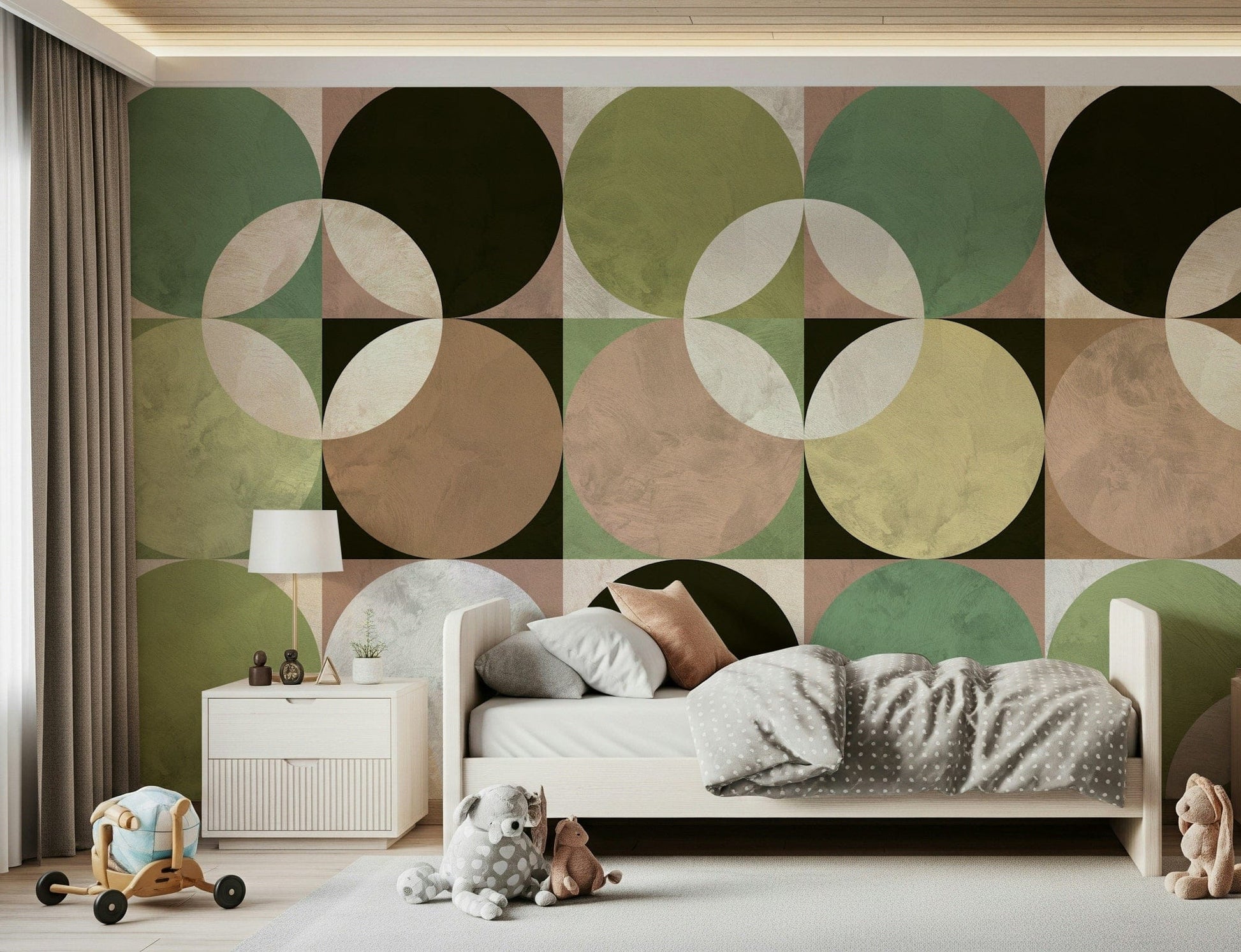 Modern retro mural showcasing a harmony of circles in soft orange, beige, and brown tones.