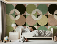 Modern retro mural showcasing a harmony of circles in soft orange, beige, and brown tones.